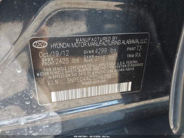 Продажа на аукционе авто 2013 Hyundai Sonata Se, vin: 5NPEC4AC3DH628673, номер лота: 45878901