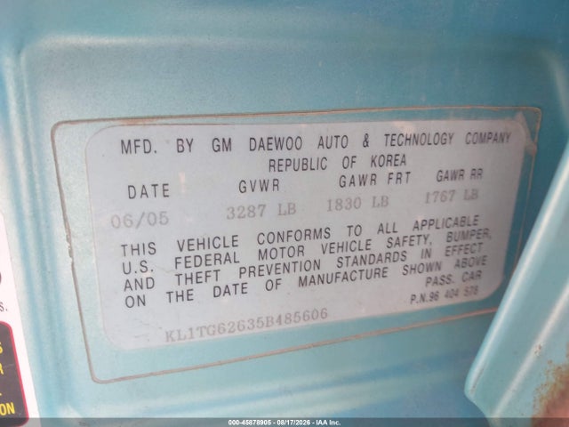 Продаж на аукціоні авто 2005 Chevrolet Aveo Lt, vin: KL1TG62635B485606, номер лоту: 45878905