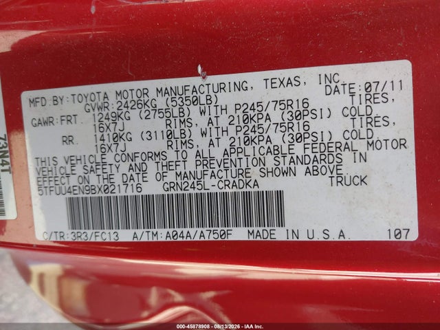 Aukcja sprzedaży 2011 Toyota Tacoma Base V6, vin: 5TFUU4EN9BX021716, numer aukcji: 45878908