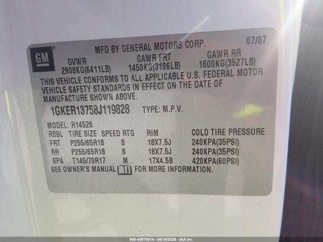 Продаж на аукціоні авто 2008 Gmc Acadia Sle-1, vin: 1GKER13758J119828, номер лоту: 45878914