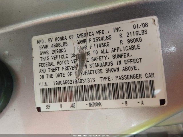 2008 Acura Tl 3.2 მანქანა იყიდება აუქციონზე, vin: 19UUA66278A031313, აუქციონის ნომერი: 45878921