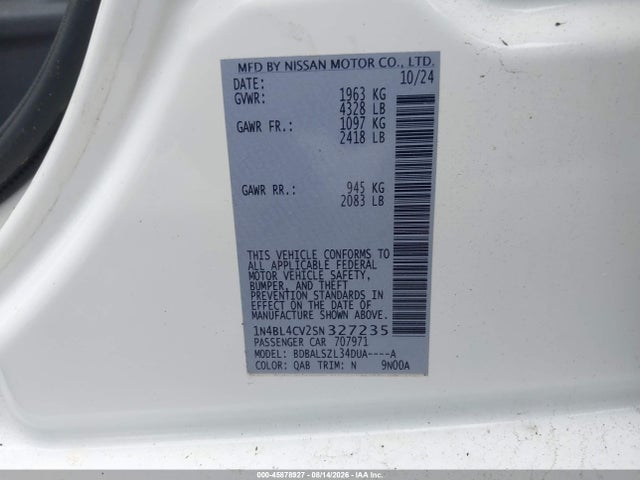 Продажа на аукционе авто 2025 Nissan Altima Sr Fwd, vin: 1N4BL4CV2SN327235, номер лота: 45878927