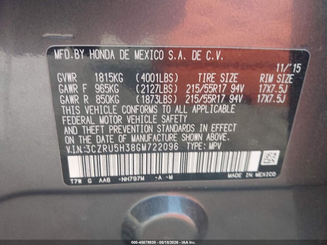 45878930 :رقم المزاد ، 3CZRU5H38GM722096 vin ، 2016 Honda Hr-v Lx مزاد بيع