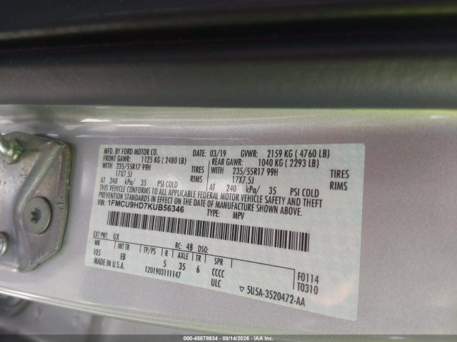 45878934 :رقم المزاد ، 1FMCU9HD7KUB56346 vin ، 2019 Ford Escape Sel مزاد بيع