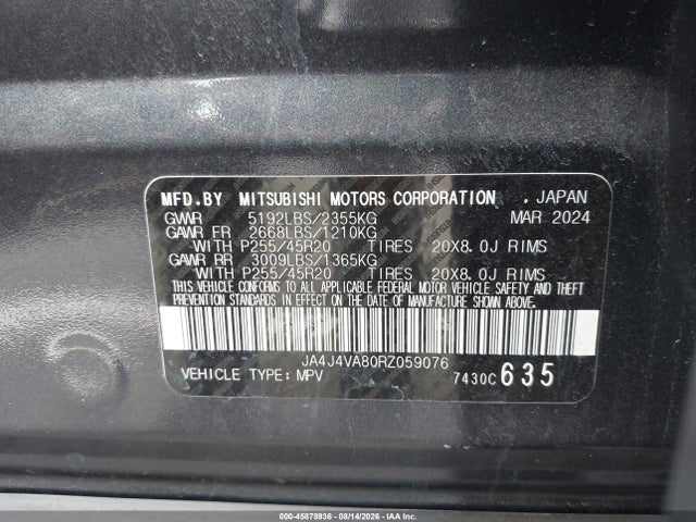 2024 Mitsubishi Outlander Se 2.5 S-awc/se Black Edition S-awc/se Black Edition W/pano Roof S-awc/se Ralliart S-awc მანქანა იყიდება აუქციონზე, vin: JA4J4VA80RZ059076, აუქციონის ნომერი: 45878936