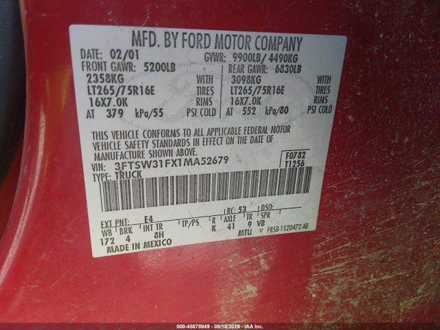 Продаж на аукціоні авто 2001 Ford F-350 Lariat/xl/xlt, vin: 3FTSW31FX1MA52679, номер лоту: 45878949