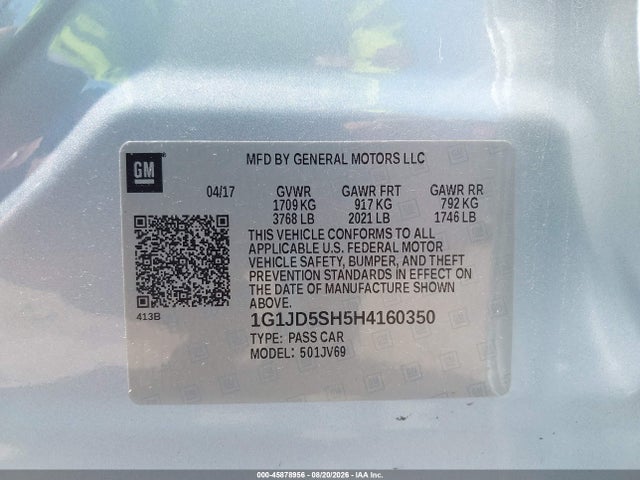 Продаж на аукціоні авто 2017 Chevrolet Sonic Lt Auto, vin: 1G1JD5SH5H4160350, номер лоту: 45878956