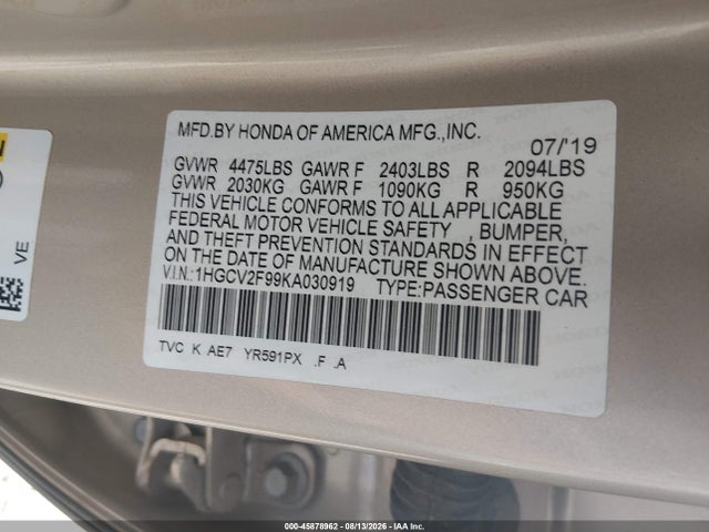 45878962 :رقم المزاد ، 1HGCV2F99KA030919 vin ، 2019 Honda Accord Touring 2.0t مزاد بيع