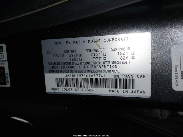 Aukcja sprzedaży 2012 Mazda Mazda3 I Touring, vin: JM1BL1V71C1657741, numer aukcji: 45878967