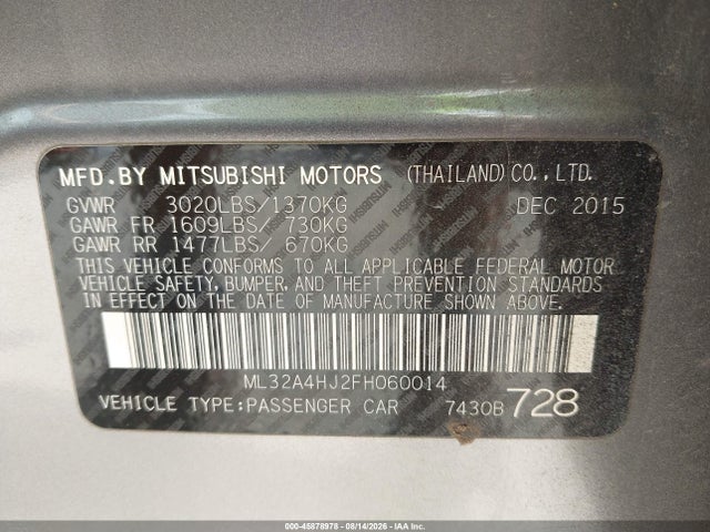 Продажа на аукционе авто 2015 Mitsubishi Mirage Rf, vin: ML32A4HJ2FH060014, номер лота: 45878978