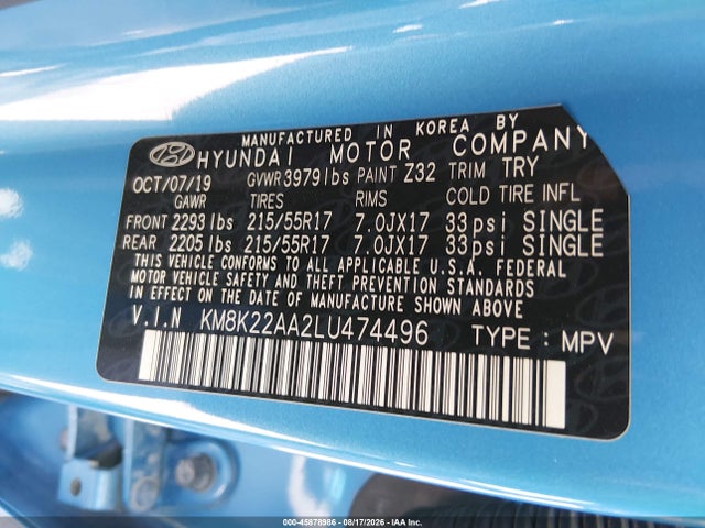 45878986 :رقم المزاد ، KM8K22AA2LU474496 vin ، 2020 Hyundai Kona Sel مزاد بيع