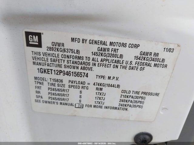 Aukcja sprzedaży 2004 Gmc Envoy Xuv Slt, vin: 1GKET12P946156574, numer aukcji: 45878992