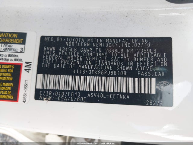 2011 Toyota Camry Le მანქანა იყიდება აუქციონზე, vin: 4T4BF3EK9BR088188, აუქციონის ნომერი: 45879005