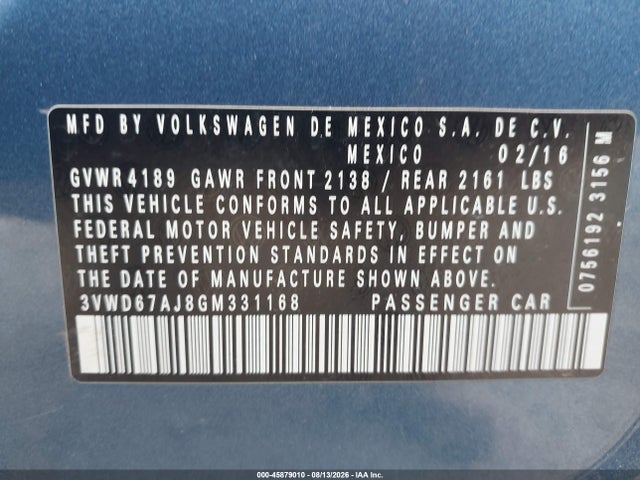 Aukcja sprzedaży 2016 Volkswagen Jetta 1.4t Se, vin: 3VWD67AJ8GM331168, numer aukcji: 45879010