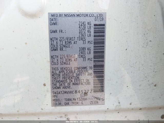 2019 Nissan Rogue S მანქანა იყიდება აუქციონზე, vin: 5N1AT2MVXKC845772, აუქციონის ნომერი: 45879014