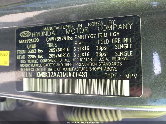 45879016 :رقم المزاد ، KM8K12AA1MU600481 vin ، 2021 Hyundai Kona Se مزاد بيع