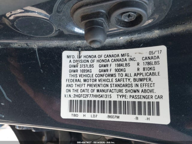 45879027 :رقم المزاد ، 2HGFC2F77HH541315 vin ، 2017 Honda Civic Ex مزاد بيع