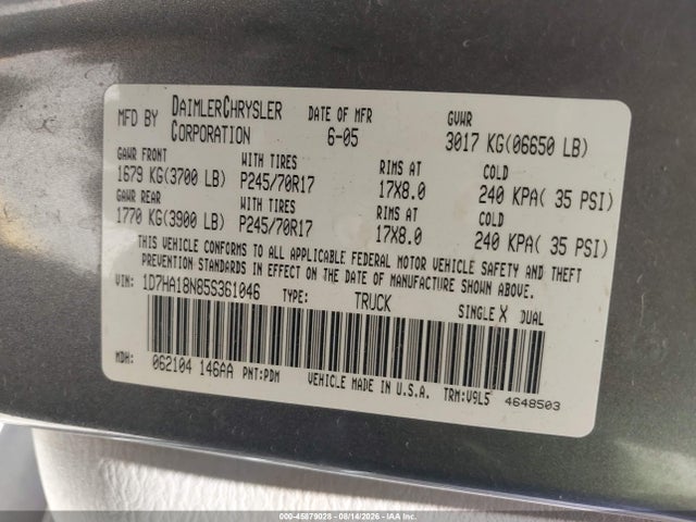 2005 Dodge Ram 1500 Slt/laramie მანქანა იყიდება აუქციონზე, vin: 1D7HA18N85S361046, აუქციონის ნომერი: 45879028