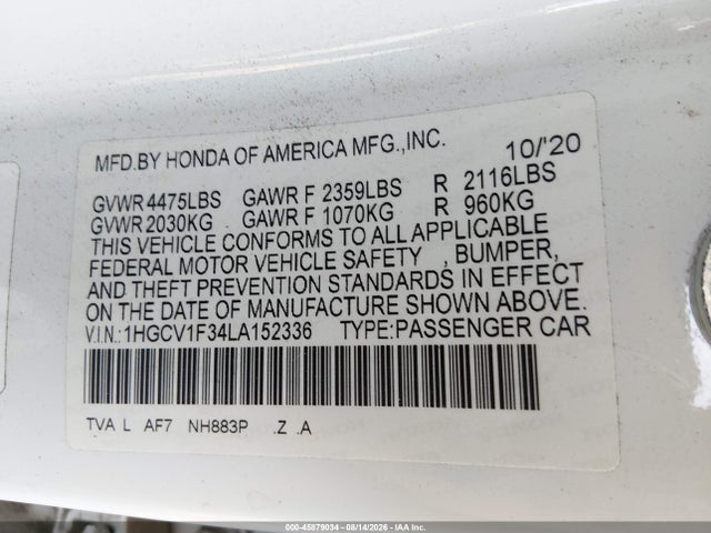 Продажа на аукционе авто 2020 Honda Accord Sport, vin: 1HGCV1F34LA152336, номер лота: 45879034
