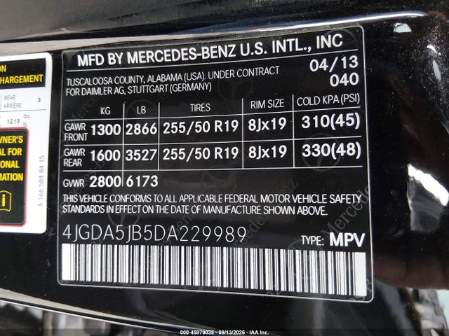 Aukcja sprzedaży 2013 Mercedes-benz Ml 350, vin: 4JGDA5JB5DA229989, numer aukcji: 45879035