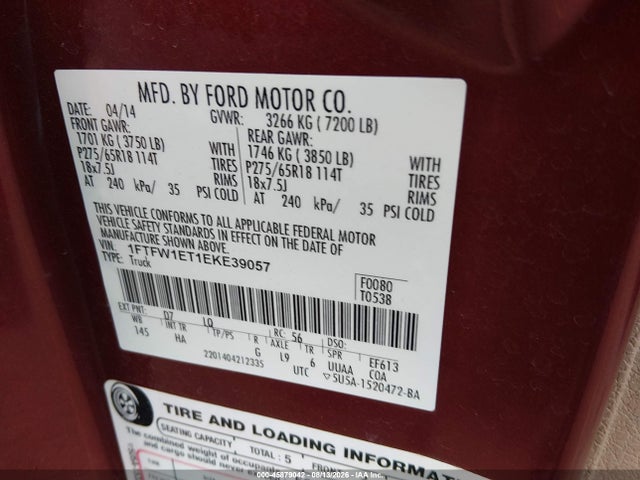 45879042 :رقم المزاد ، 1FTFW1ET1EKE39057 vin ، 2014 Ford F-150 Lariat مزاد بيع