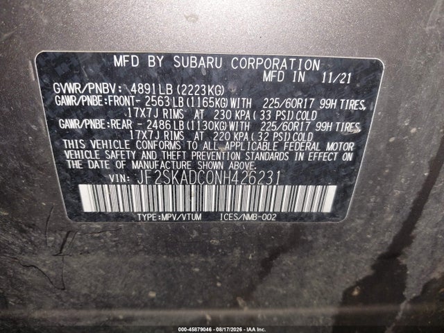 Aukcja sprzedaży 2022 Subaru Forester Premium, vin: JF2SKADC0NH426231, numer aukcji: 45879046