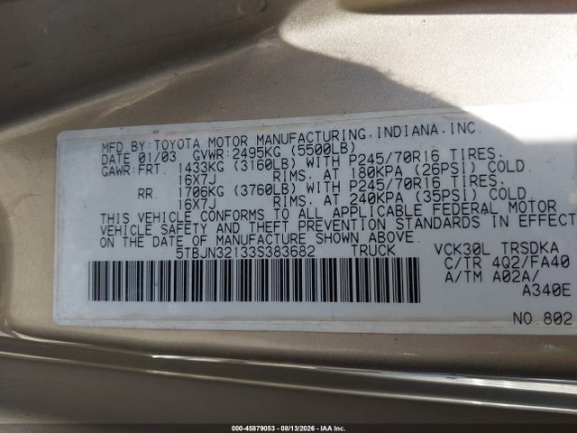 Продаж на аукціоні авто 2003 Toyota Tundra, vin: 5TBJN32133S383682, номер лоту: 45879053