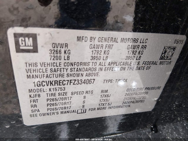 Aukcja sprzedaży 2015 Chevrolet Silverado 1500 Lt, vin: 1GCVKREC7FZ334067, numer aukcji: 45879057
