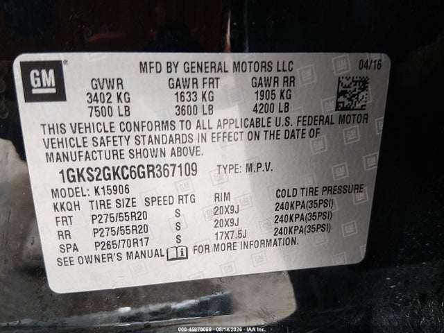 Продаж на аукціоні авто 2016 Gmc Yukon Xl Slt, vin: 1GKS2GKC6GR367109, номер лоту: 45879058