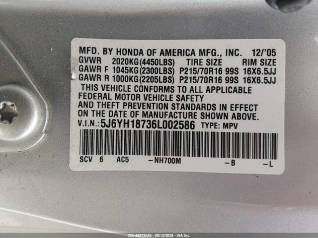 45879065 :رقم المزاد ، 5J6YH18736L002586 vin ، 2006 Honda Element Ex مزاد بيع