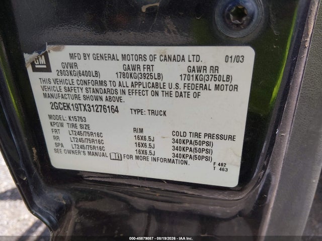 45879087 :رقم المزاد ، 2GCEK19TX31276164 vin ، 2003 Chevrolet Silverado 1500 مزاد بيع