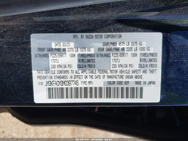 Aukcja sprzedaży 2021 Mazda Cx-5 Touring, vin: JM3KFACM3M0397745, numer aukcji: 45879101