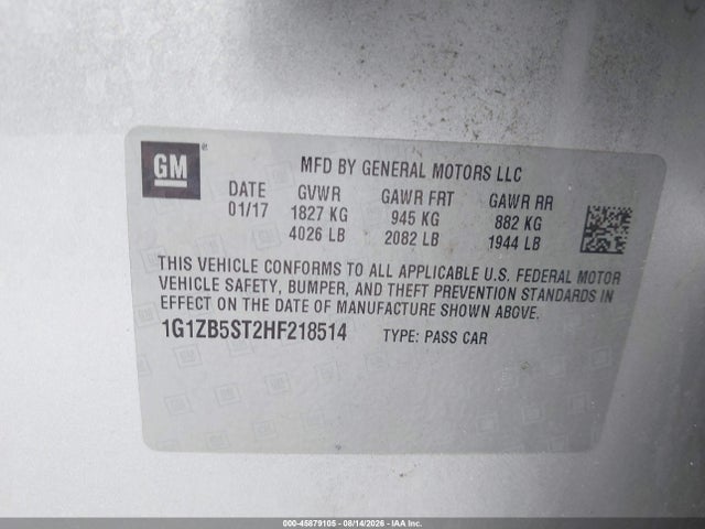 45879105 :رقم المزاد ، 1G1ZB5ST2HF218514 vin ، 2017 Chevrolet Malibu Ls مزاد بيع