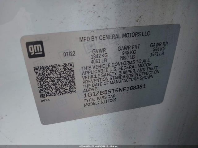 45879107 :رقم المزاد ، 1G1ZB5ST6NF188381 vin ، 2022 Chevrolet Malibu Fwd Ls مزاد بيع