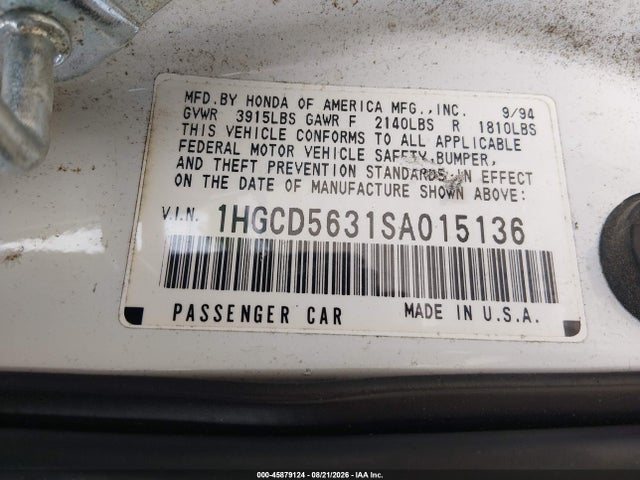 1995 Honda Accord Lx/ex მანქანა იყიდება აუქციონზე, vin: 1HGCD5631SA015136, აუქციონის ნომერი: 45879124