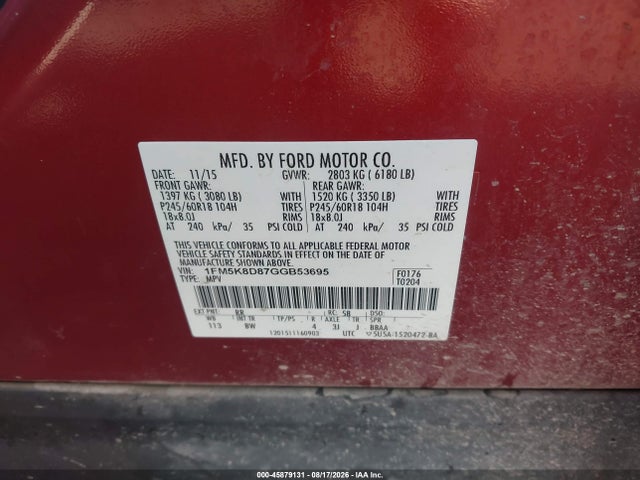 Aukcja sprzedaży 2016 Ford Explorer Xlt, vin: 1FM5K8D87GGB53695, numer aukcji: 45879131
