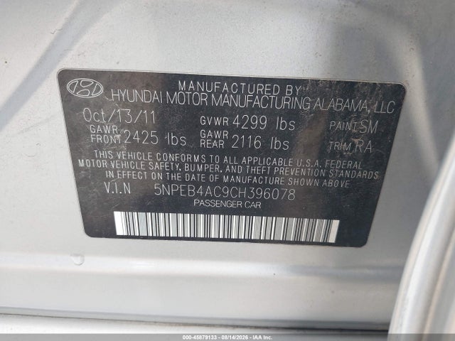 Продажа на аукционе авто 2012 Hyundai Sonata Gls, vin: 5NPEB4AC9CH396078, номер лота: 45879133