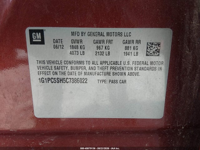 Aukcja sprzedaży 2012 Chevrolet Cruze Ls, vin: 1G1PC5SH5C7386022, numer aukcji: 45879136