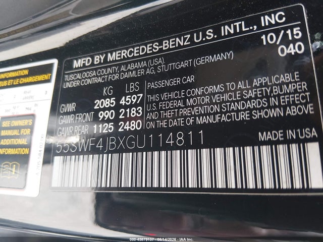 45879137 :رقم المزاد ، 55SWF4JBXGU114811 vin ، 2016 Mercedes-benz C 300 مزاد بيع