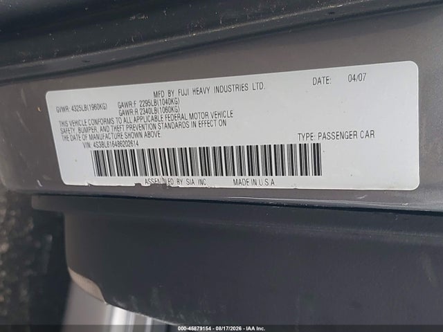 2008 Subaru Legacy 2.5i მანქანა იყიდება აუქციონზე, vin: 4S3BL616486202614, აუქციონის ნომერი: 45879154