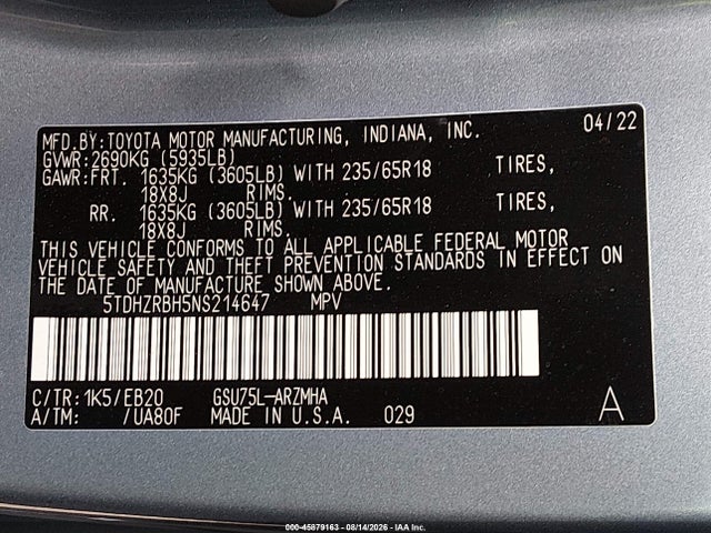 5TDHZRBH5NS214647 Toyota Highlander Xle
