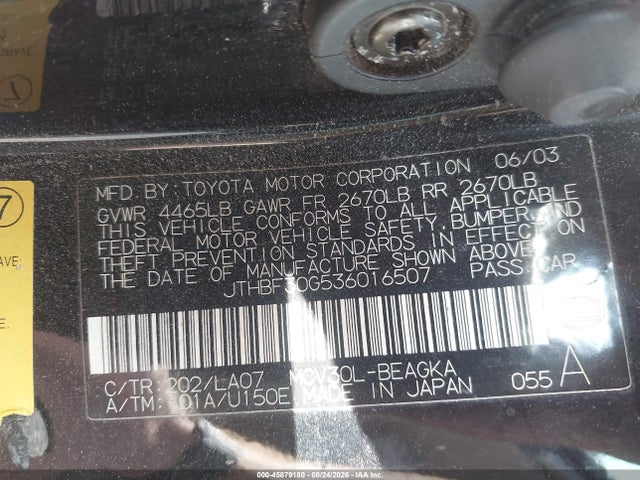 Продажа на аукционе авто 2003 Lexus Es 300, vin: JTHBF30G536016507, номер лота: 45879180