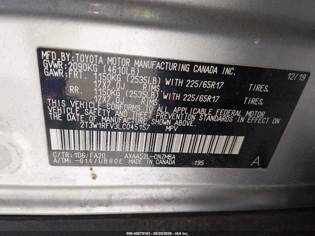 Продаж на аукціоні авто 2020 Toyota Rav4 Xle, vin: 2T3W1RFV3LC045157, номер лоту: 45879183