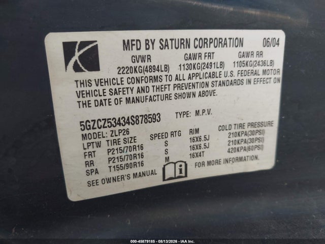 2004 Saturn Vue V6 მანქანა იყიდება აუქციონზე, vin: 5GZCZ53434S878593, აუქციონის ნომერი: 45879185