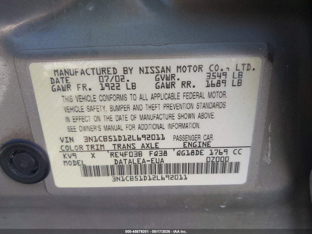 Aukcja sprzedaży 2002 Nissan Sentra Gxe, vin: 3N1CB51D12L692011, numer aukcji: 45879201