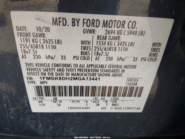 45879202 :رقم المزاد ، 1FMSK8DH2MGA13441 vin ، 2021 Ford Explorer Xlt مزاد بيع