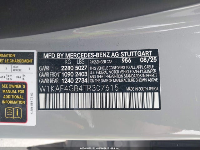 Aukcja sprzedaży 2026 Mercedes-benz C 300, vin: W1KAF4GB4TR307615, numer aukcji: 45879221
