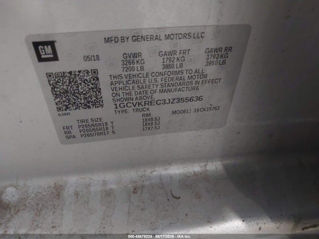 45879224 :رقم المزاد ، 1GCVKREC3JZ355636 vin ، 2018 Chevrolet Silverado 1500 1lt مزاد بيع