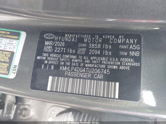Aukcja sprzedaży 2026 Hyundai Elantra Limited, vin: KMHLP4DG4TU206745, numer aukcji: 45879226