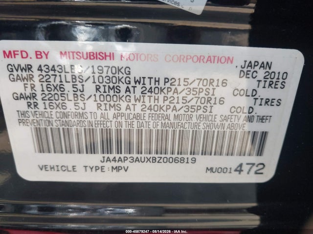 Продаж на аукціоні авто 2011 Mitsubishi Outlander Sport Es, vin: JA4AP3AUXBZ006819, номер лоту: 45879247
